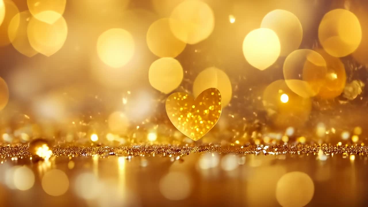 Golden bokeh hearts create a dreamy, romantic atmosphere. Shot from a low angle, this video style