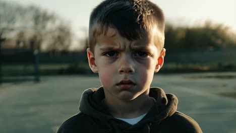 un niño con una expresión seria se para en una cancha de baloncesto