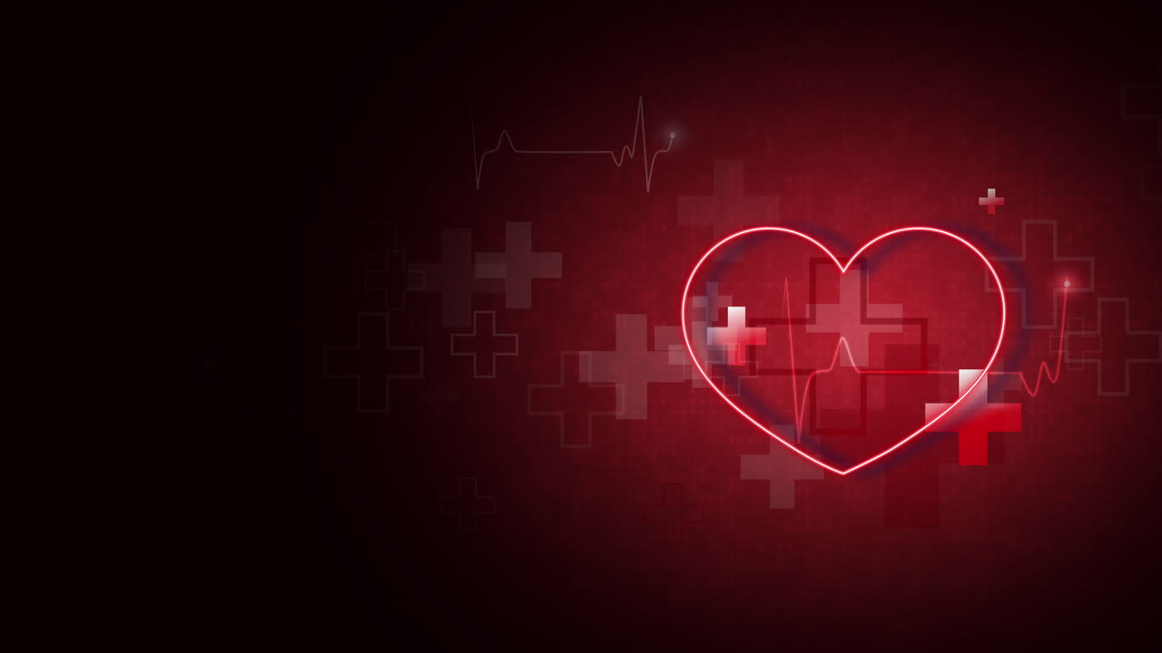 Red heart shape with animated cardio pulse. Health care medical background with crosses symbols of help. Looped motion graphics.
