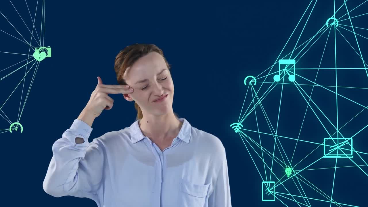 animación de redes de iconos de los medios sobre mujer caucásica relatando un evento frustrante, en azul