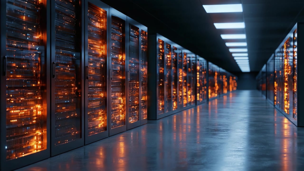A Stunning View of a Modern Data Center Showing Rows of High-Performance Servers with Illuminated Components, Reflecting a Cutting-Edge Technological Environment