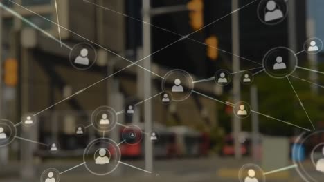 animation of network of profile icons against city traffic