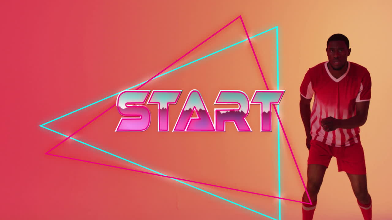 animación del texto de inicio con formas sobre jugador de fútbol afroamericano pateando la pelota