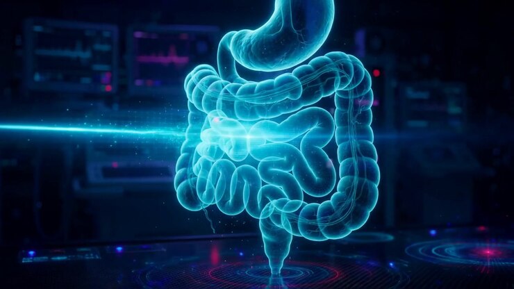 Glowing cyan hologram of the human digestive system floating above a table in a dark laboratory