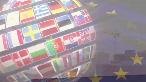 3d render european flag globe rotating in scene, showing floating eu stars and hazy city skyline