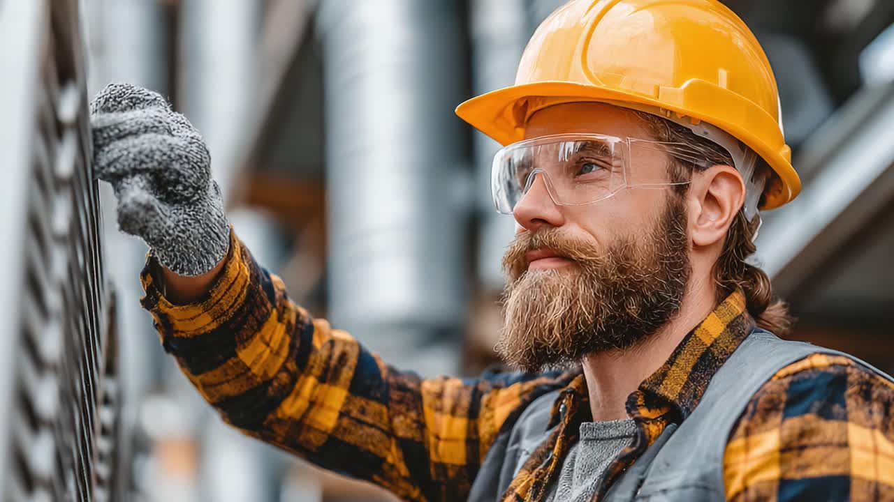 A Focused Worker in Safety Gear Inspects Machinery with Precision and Care, Showcasing Commitment to Safety Standards and Attention to Detail in a Busy Industrial Environment