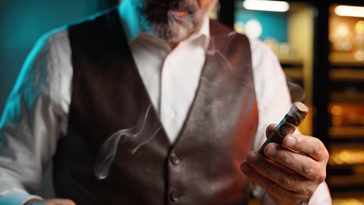 A Sophisticated Cigar Enthusiast Engaging in the Art of Cigar Cutting and Smoking, Surrounded by a Luxurious Atmosphere Filled with Aroma and Elegance