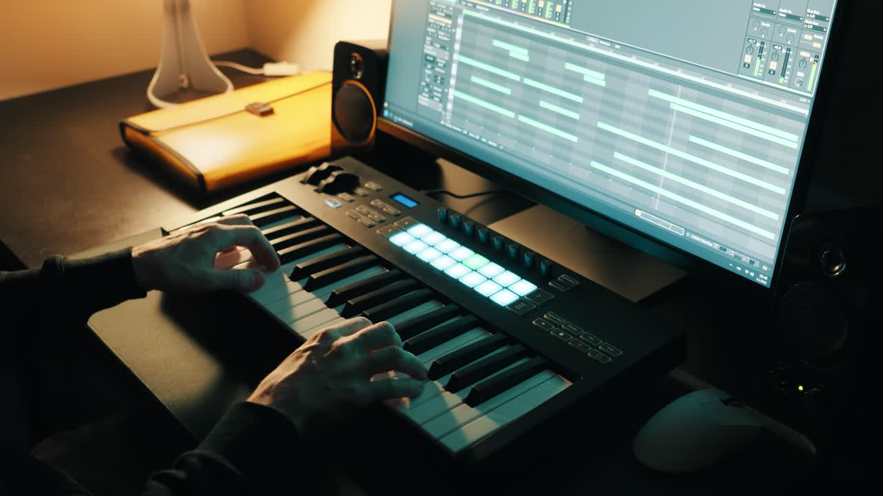 Produzione musicale. Uomo che suona una tastiera MIDI. Home studio