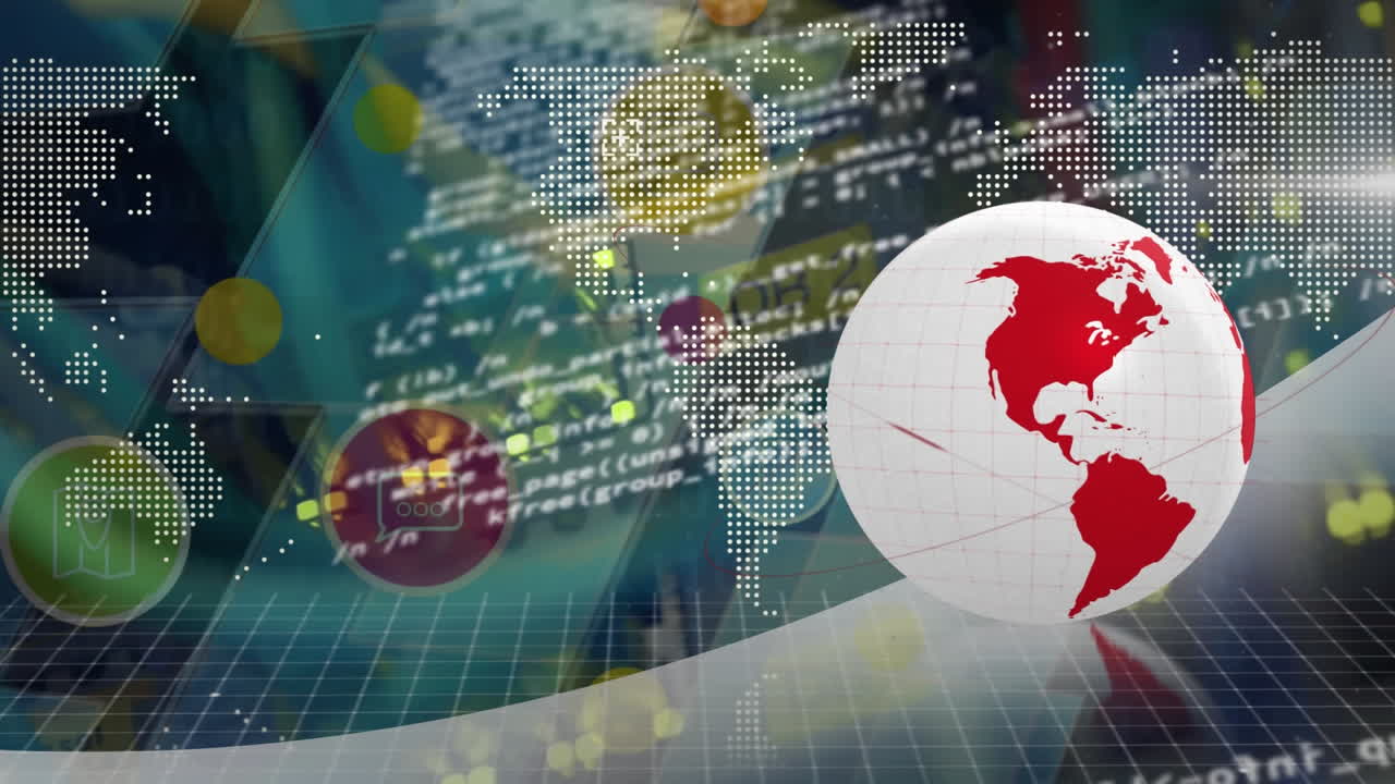 girando el globo y el mapa del mundo contra múltiples iconos digitales y procesamiento de datos