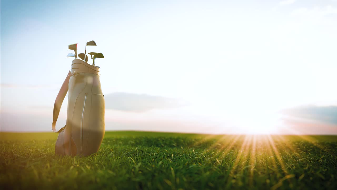 Sacca da golf con mazze su un campo da golf verde all'ora d'oro