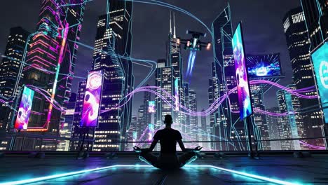 meditative cyberpunk cityscape