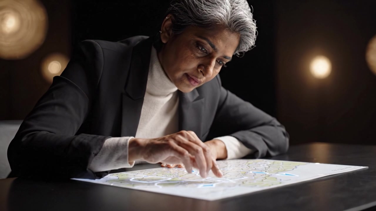 Un profesional concentrado examina un mapa detallado, explorando rutas e información en un entorno con poca luz, destacando la concentración y la planificación estratégica.
