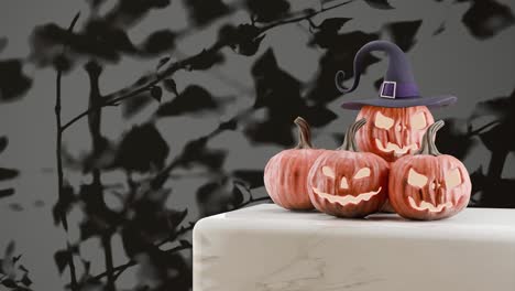 Three-jack-o'-lanterns-with-witch-hat-on-marble-platform-with-dark-floral-shadow-background