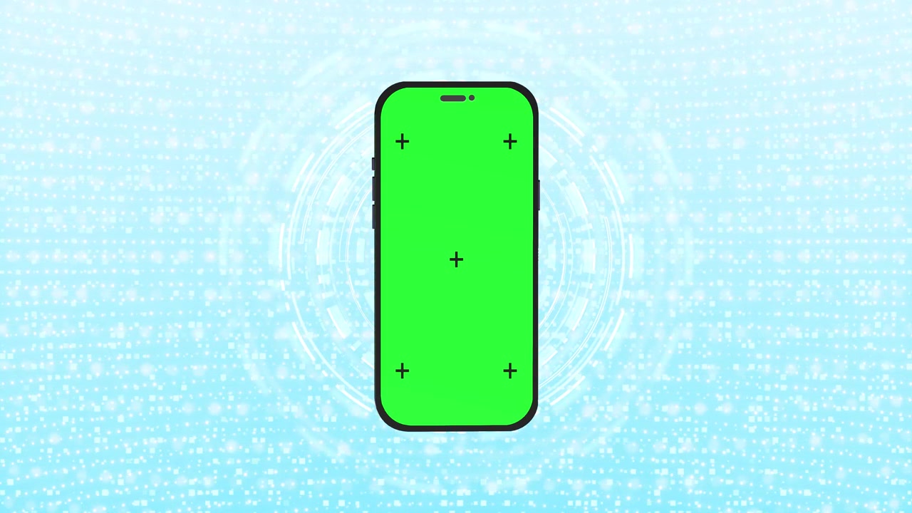 Visuale di interfaccia chroma mobile con telefono centrato, schermo verde sostituibile, segni di tracciamento e.