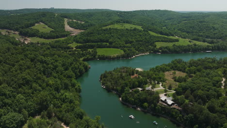 establisher high aerial shot of hogscald hollow cove, tourist destination, usa