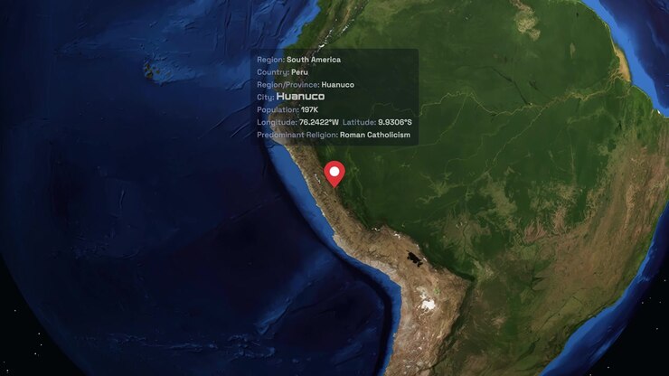 A digital globe rotates and zooms from space into South America, pinpointing Huanuco, Peru