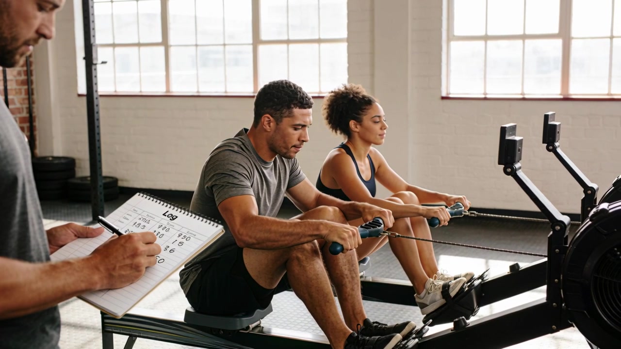 Rowing duo wearing gymwear doing matched reps on ergs at gym, trainer noting clipboard for feedback