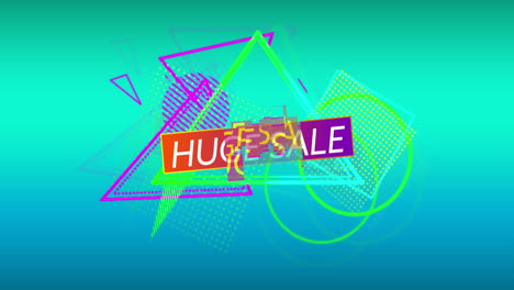 huge sale graphic and colourful shapes tumble into place on light blue background