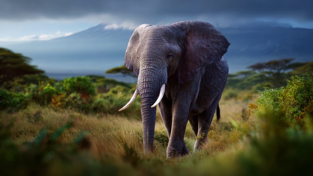 Majestic Elephant Roaming the African Savanna with a Stunning Mountain Backdrop Under Dramatic Skies, Capturing Nature's Beauty and Wildlife in Harmony