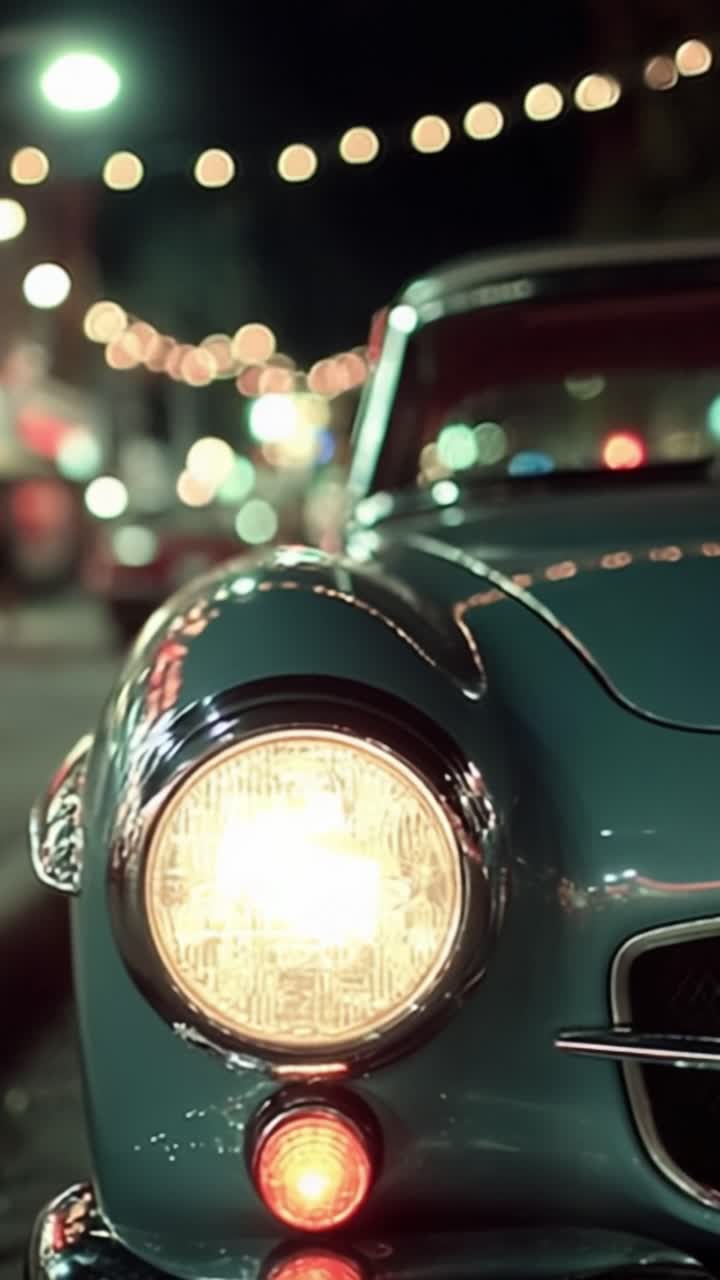 Eine fesselnde Nachtszene mit einem leuchtenden Oldtimer-Scheinwerfer inmitten einer wunderschön beleuchteten Straße mit bezaubernden Lichterketten im Hintergrund