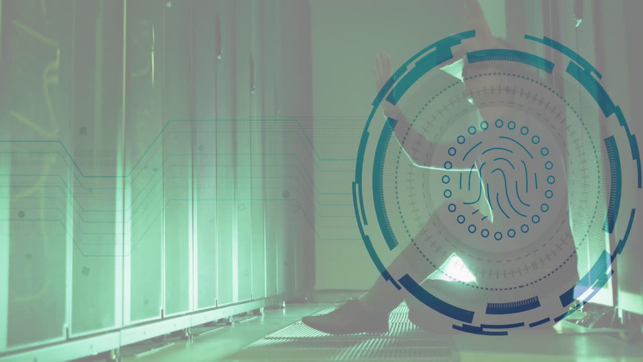 animación de huellas digitales en círculos de carga sobre el hombre usando auriculares vr en la sala del servidor