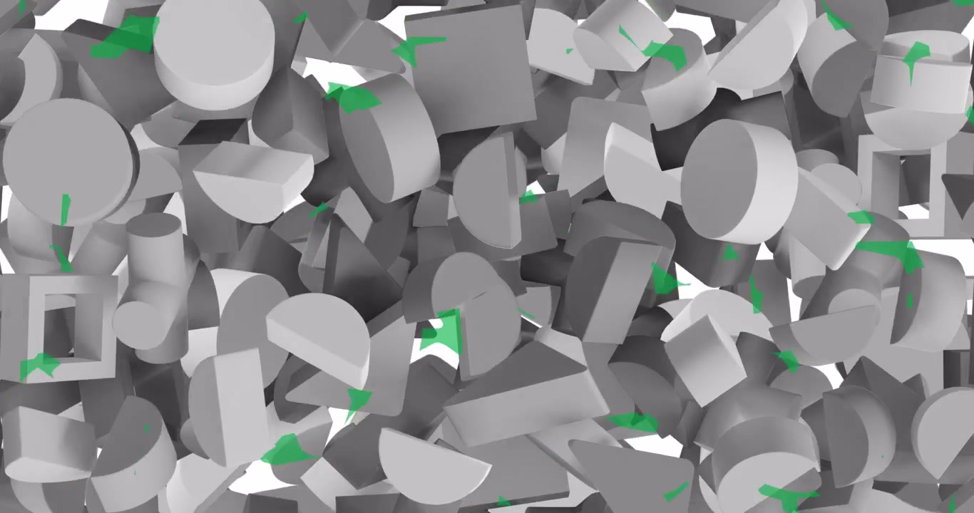 Starting transparent background grey 3D shapes filling view swirling outward revealing void fading
