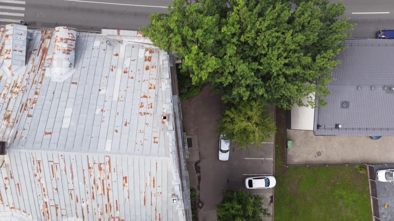 vista a vista de pájaro, viejo techo oxidado de un edificio al lado de un árbol exuberante, calle lacplesa