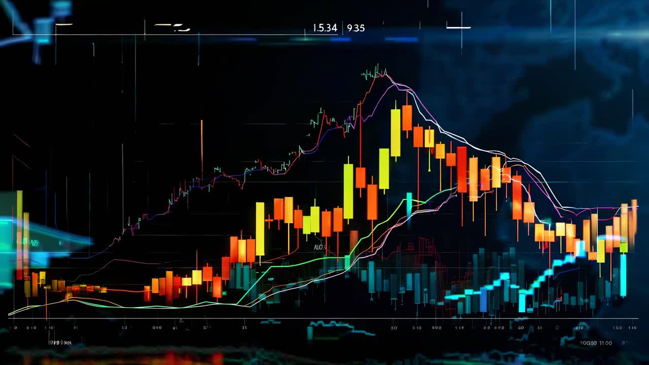 Dynamic video of a financial graph with a low-angle view, showcasing vibrant, rising bar charts
