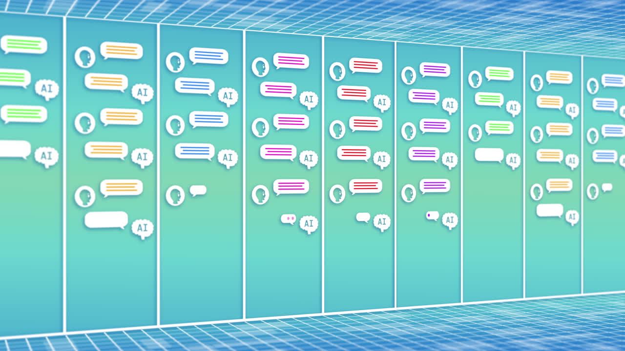анимация разговоров ботов на речевых пузырьках над серверами на синем фоне