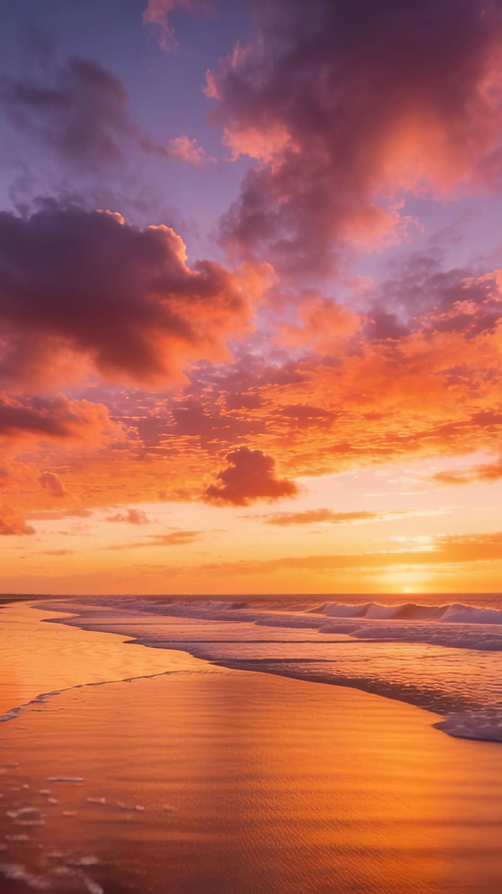 Vertical video: Camera moving downward revealing sunset shore at beach, sun reflecting on wet sand