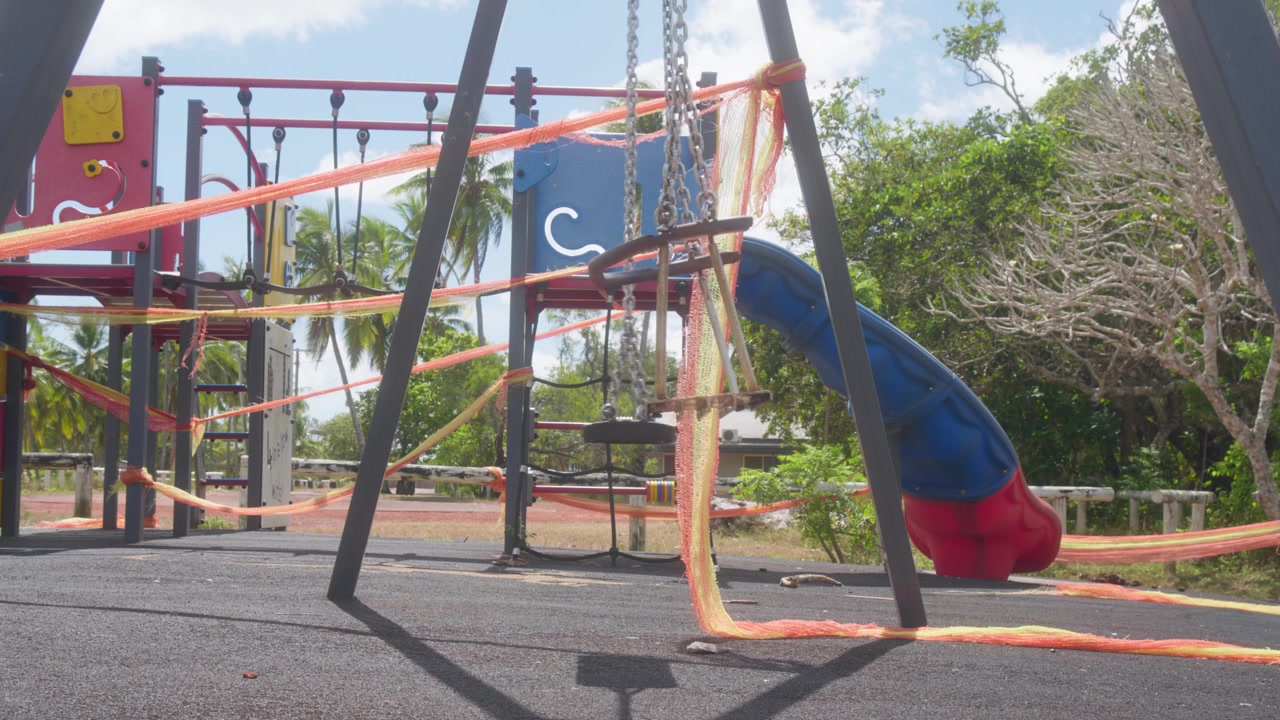 Abandoned and deteriorating children’s playground in a regional Australian town. Themes of rural decline, economic hardship, population change, community neglect and ageing infrastructure. Clip 4