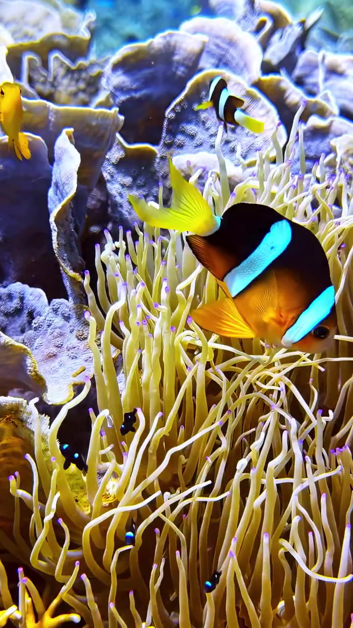 Ecossistema de vida marinha com um peixe tropical e uma anêmona hospedeira em harmonia.