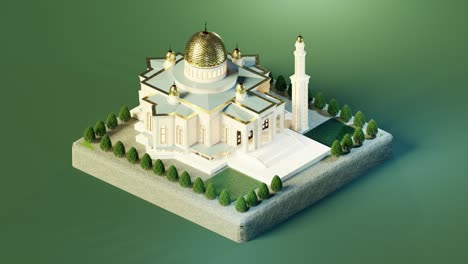 isometric view of mosque with minaret and green park model. 3d isometric loop