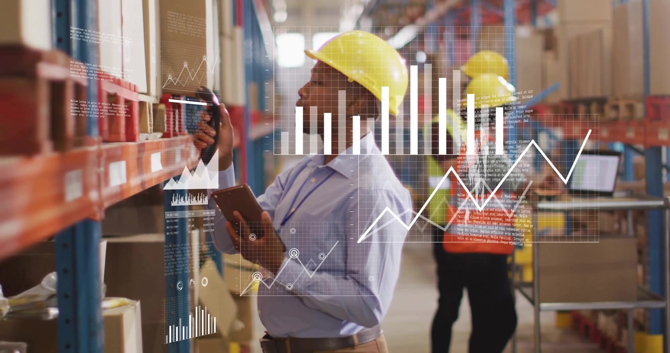 Man raising scanner, scanning inventory barcodes while colleague typing, displaying chart overlays