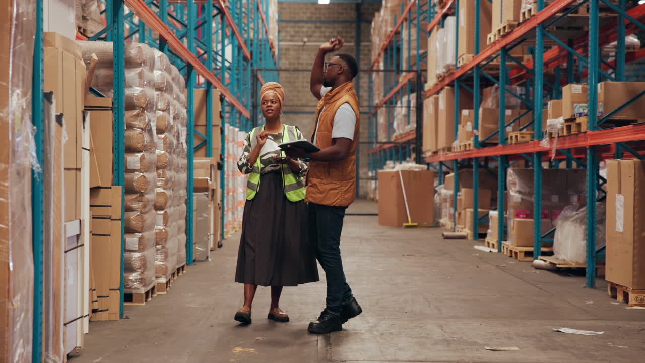 Two Warehouse Workers Discussing Inventory and Logistics