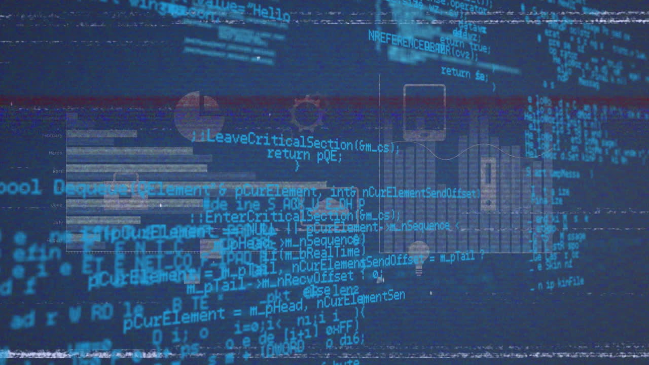 Animation of glitch effect over statistical data processing against blue background