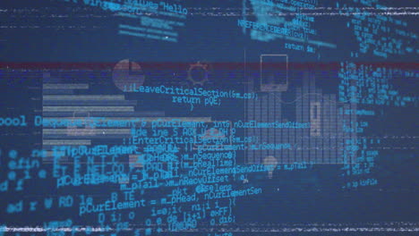 Animation of glitch effect over statistical data processing against blue background