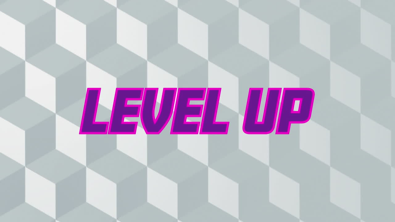 texto de nivel púrpura contra formas 3d abstractas en un patrón sin costuras sobre fondo gris