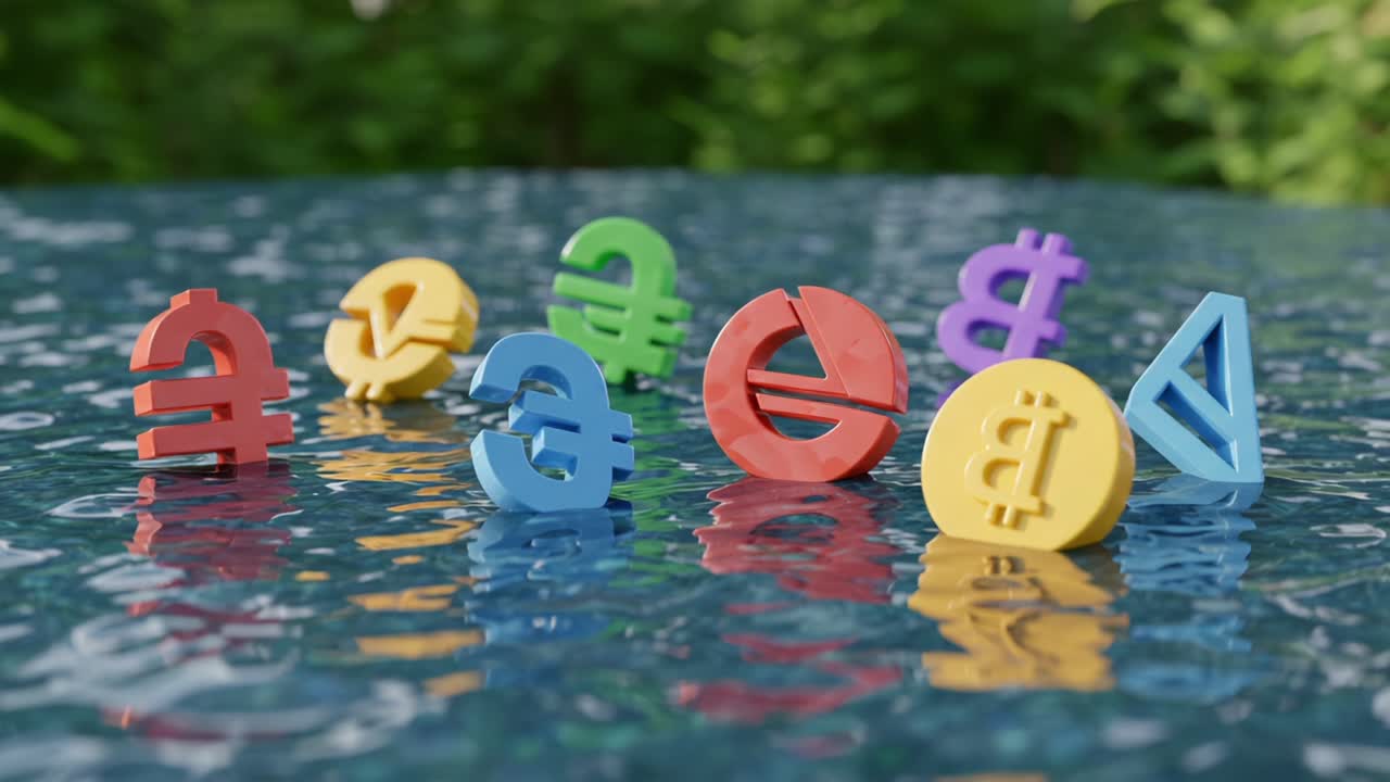 Colorful Currency Symbols on Water Surface: A Vibrant Display of Financial Icons Reflecting in a Calm Pool, Showcasing Various Global Currencies in a Unique Arrangement