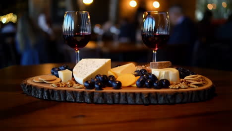 A delicious cheese and wine board on a rustic wooden platter
