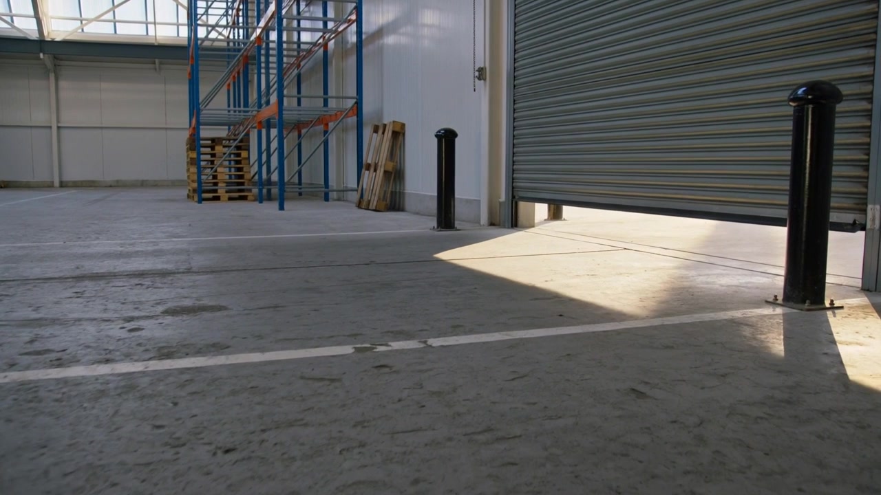 Starting motor lifting shutter in warehouse, sunlight wedge widening, bollards casting long shadows