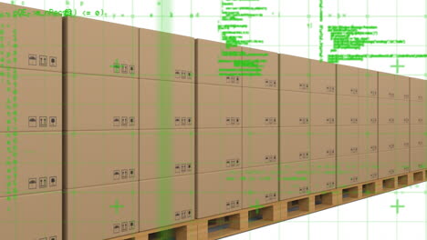 백색 배경에 나무판에 컴퓨터 언어와 카드보드 상자의 애니메이션