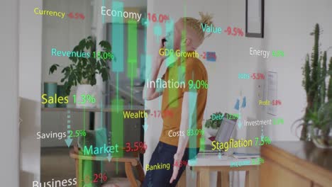 Animation-of-data-processing-over-albino-african-american-man-using-smartphone