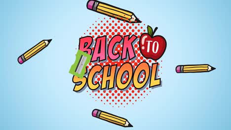 Animation-Von-„Back-To-School“-Texten-über-Schulartikel-Symbolen-Auf-Blauem-Hintergrund