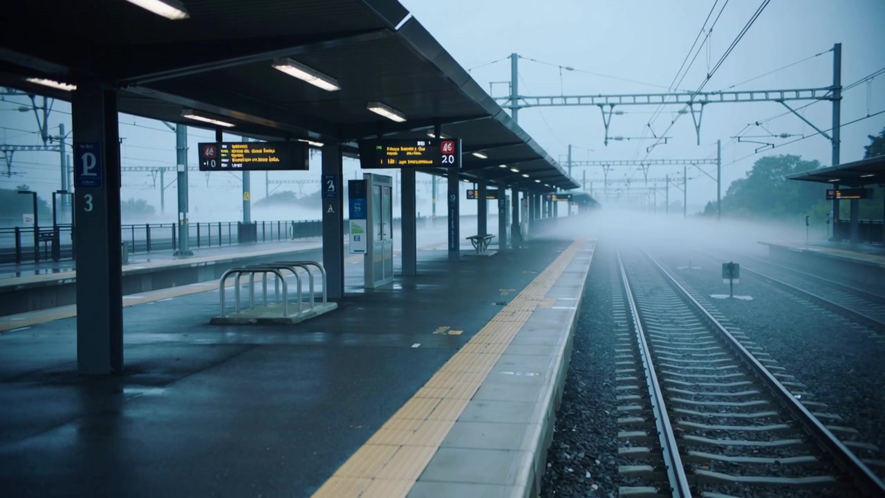 Rolling fog advancing from distant tracks along platform at small station, revealing tactile strip