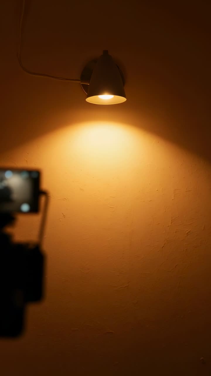 Lámpara de cúpula luminosa proyectando un halo cálido en una pared beige de la habitación, silueta de teléfono y cable de alimentación.