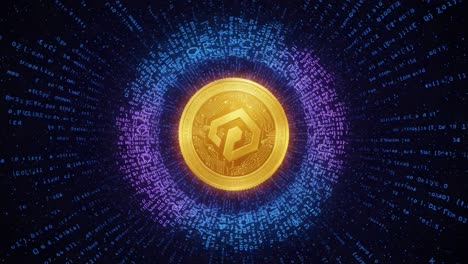 golden cryptocurrency coin in a digital circuit background