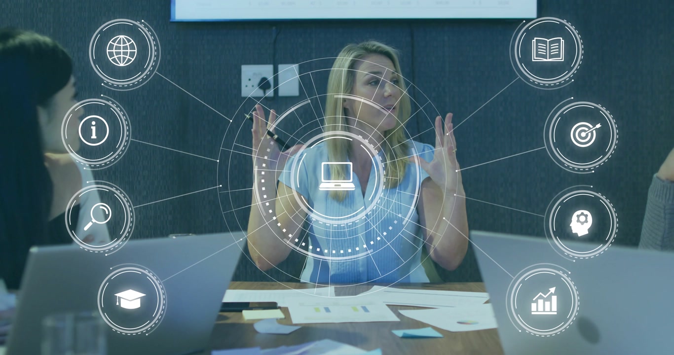 Presenter raising hands while hologram materializing and grouping data icons in business meeting