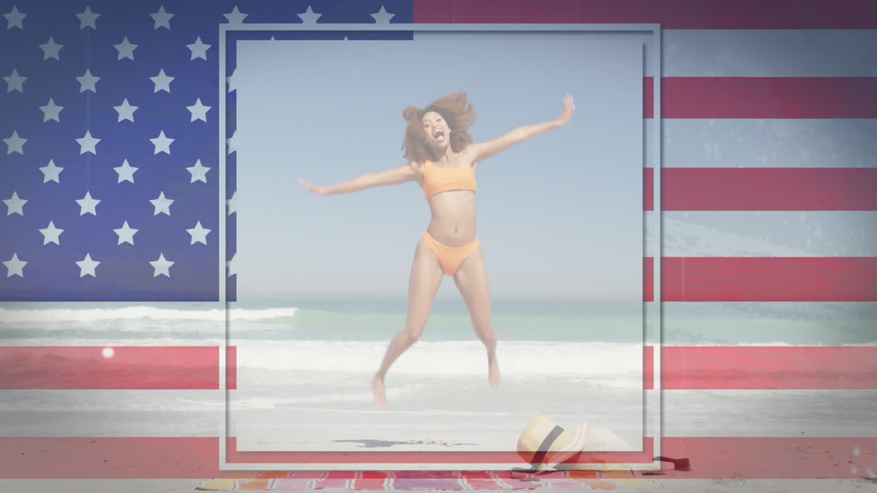 해변에 뛰어다니는 여자 위에 흔들리는 미국  ⁇ 발의 애니메이션