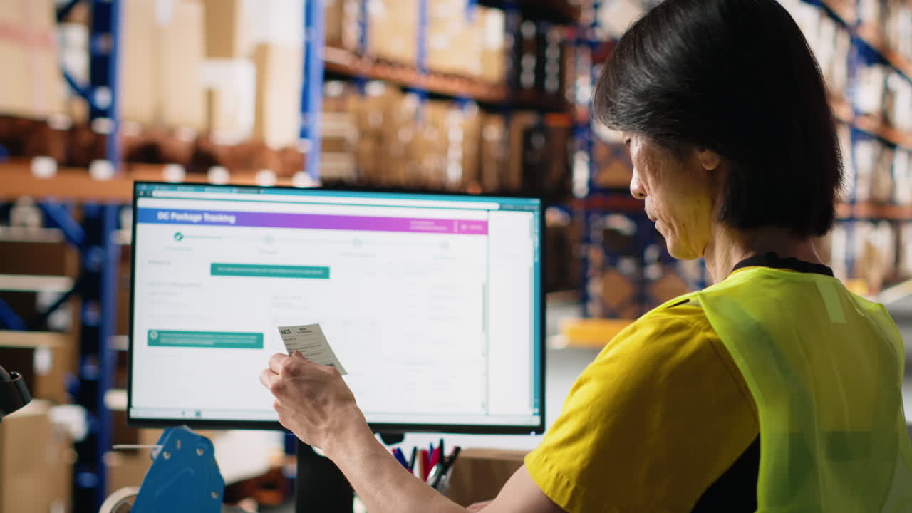 Vertical Video Asian employee typing tracking info from airway bill labels